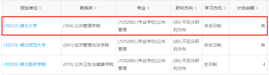 湖北大學2023年公共管理（MPA）少量調(diào)劑指標